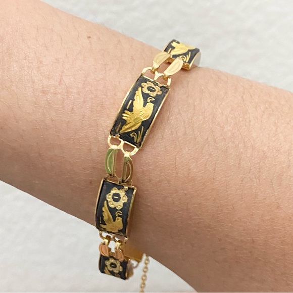Vintage Damascene Gold-tone Enameled Birds & Flowers Link 8” Bracelet 16.3g - Picture 3 of 15